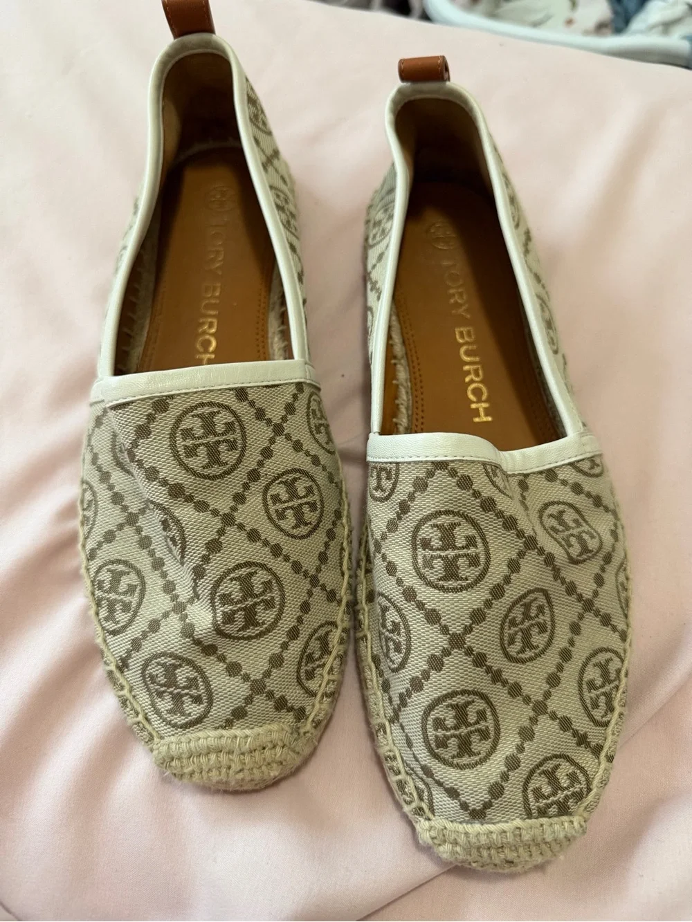 Tory Burch Beige Canvas Logo Espadrille Flats